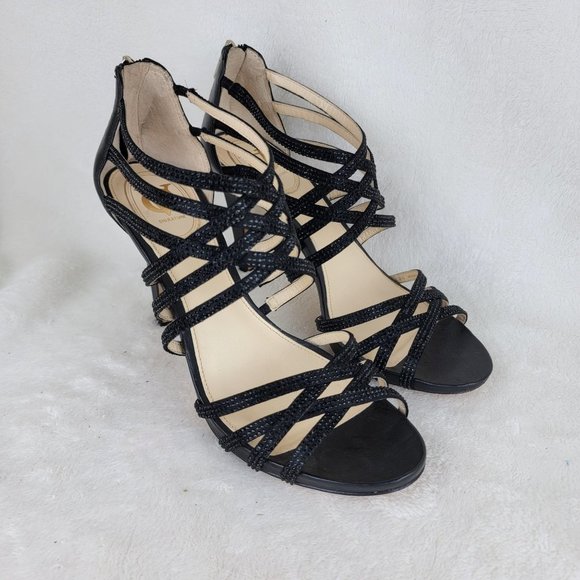 VC Signature VI-BRIGITTE Black Crystal Studs Strappy High Heels Zipper Sandals - Picture 1 of 9
